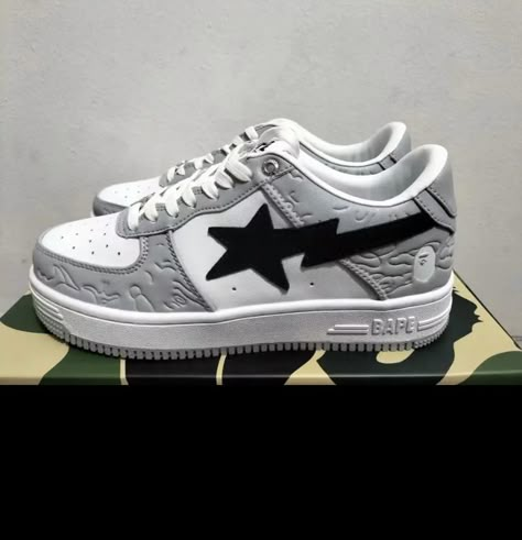 A Bathing Ape Bape Sta Low Sneakers Grey Black. Check out these and more designs in our store. #bape #bapesta #sneakers #shoes #christmasgifts #shopping #style #pinitforlater Bape Grey Shoes, Shoes Bapesta, Bape Star Shoes, Bape Sta Shoes, Bathing Ape Shoes, Bapesta Sneakers, Bape Star, Bapesta Shoes, Bape Shoes