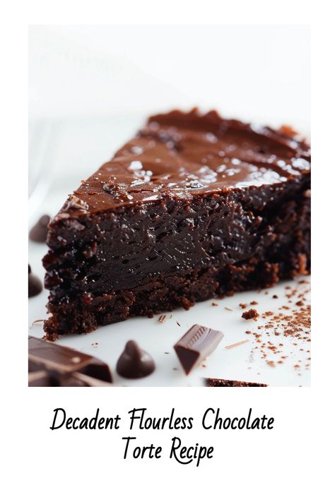 Decadent slice of flourless chocolate torte topped with a glossy layer of chocolate.