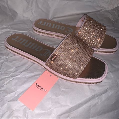 New With Tag. No Box. Juicy Couture Yasha Sandal Rose Gold Wj04282w Rhinestones Size 8 Sparkly Chanclas, Pewter Heels, Gold Slides, Pretty Sandals, Rosa Gold, Juicy Couture Shoes, Trendy Shoes Sneakers, Pretty Shoes Sneakers, Couture Shoes