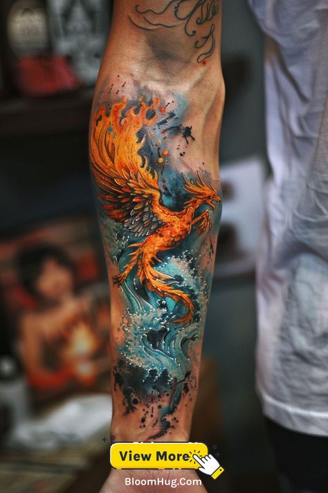 A phoenix intertwined with water elements in a sleeve tattoo, representing balance and resilience. Water Sleeve Tattoo, Tattoo For Men Ideas, Phoenix Tattoo For Men, Phoenix Tattoos, Knot Tattoo, Balanced Design, Balance Design, Flowing Water, Phoenix Tattoo