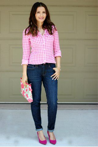 Ella Pretty uploaded this image to 'Daily outfit'.  See the album on Photobucket. Navy Jeans Outfit, Pink Gingham Shirt, I Like Pretty Things, Practical Outfits, Petite Work Outfits, 10 Item Wardrobe, Checked Shirts, Navy Clutch, Pieces Of Me