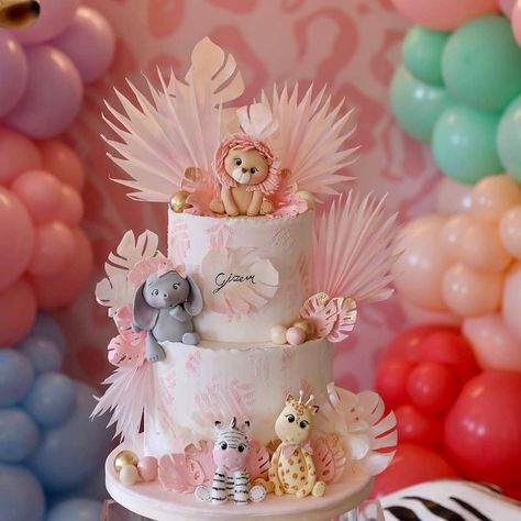 Jungle Cakes, Pink Safari, Jungle Cake, Jungle Baby Shower Theme, Jungle Theme, Kids Cake, Baby Shower Cakes, Baby Shower Themes, Birthday Ideas