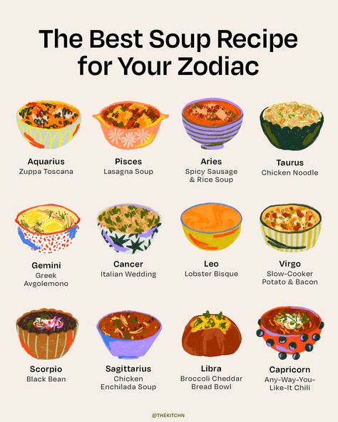 Zodiac Food, Describe Your Personality, Greek Potatoes, Enchilada Soup, Chicken Enchilada Soup, Lobster Bisque, Food Signs, Best Soup Recipes, Lasagna Soup