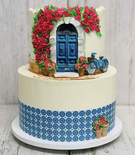 Santorini-themed 75th birthday Party | CatchMyParty.com Santorini Cake Ideas, Greece Party Ideas, Santorini Birthday Theme, Greece Party, Grecia Santorini, Gingerbread Ideas, 75th Birthday Parties, Decorative Cakes, Santorini Blue