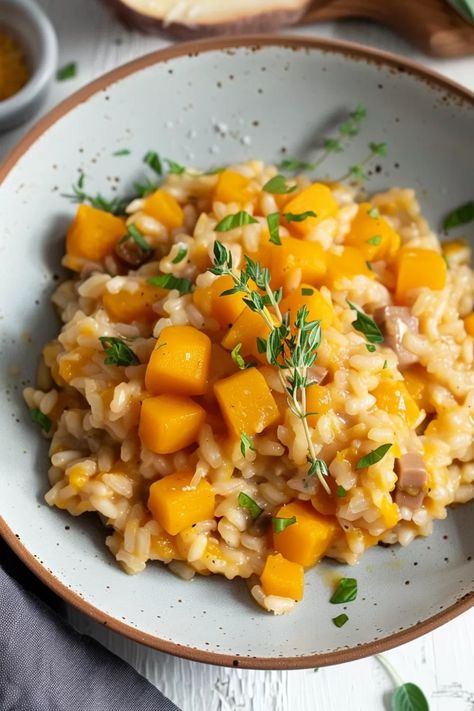 Creamy Butternut Squash Risotto Risotto Recipes Squash, Butternut Squash Risotto Recipes, Fall Risotto, Couple Breakfast, Butternut Squash Rice, Creamy Butternut Squash, Squash Risotto, Butternut Squash Risotto, Baked Squash