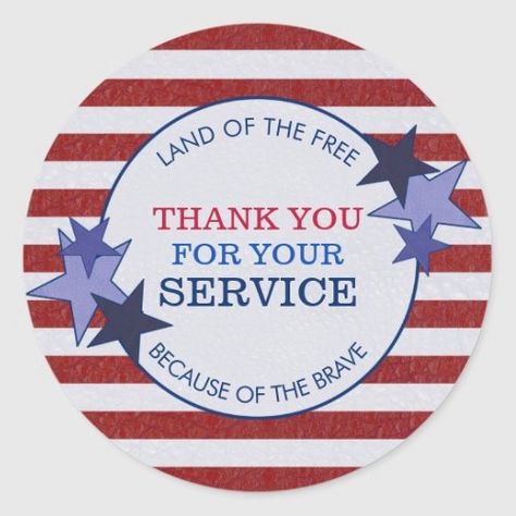 Thank You for Your Service Veterans Rustic Leather Classic Round Sticker This bold, patriotic rustic design features country style leather stars in different shades of blue against a faux leather textured background consisting of red stripes on white, in the colors of the American flag. In the center is a blue edged faux leather white area containing the words "Thank You for your Service" in popular typography in three different colors. At the top and bottom are the words "land of the.. Denim Stars, Veterans Day Thank You, Cloth Background, Military Retirement Gift, Patriotic Cards, Shades Of Indigo, Air Force Army, Thank You Veteran, Military Retirement