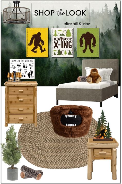 kids bedroom ideas | kids bedroom designs | kids bedroom boys | kids bedroom decor | kids bedroom ideas for boys | big foot themed bedroom Bigfoot Bedroom, Boys Wilderness Bedroom, Boys Outdoor Theme Bedroom, Outdoor Theme Bedroom, Bedroom Boys Kids, Kids Bedroom Ideas For Boys, Misty Forest Wallpaper, Outdoor Themed Bedroom, Bedroom Ideas Kids