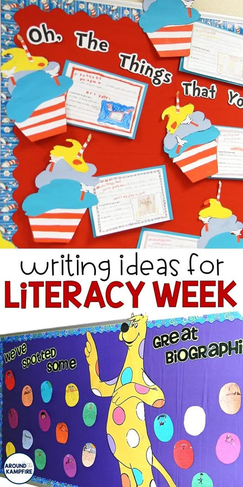 Find lots of writing ideas for Read Across America week that are ideal for 1st, 2nd, and 3rd grade students. These fun ideas are a great addition to literacy week activities and get kids writing about biographies and their favorite authors! #literacyweekideas #literacyweekactivities Literacy Week Activities Kindergarten, Dr Seuss First Grade, English Week Activities, Read Across America Crafts, Literacy Week Ideas Elementary, Literacy Week Activities, Literacy Week Ideas, Read Across America Ideas For School, Read Across America Week Activities