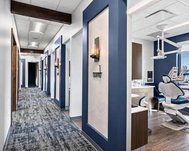 Dental office lobby Blue Dental Office, Dental Office Hallway, Dental Office Lobby, Dental Office Color Schemes, Dental Office Front Desk Design, Spa Office Design, Medical Office Design Waiting Area, Medical Office Reception Desk, Dental Operatory Design