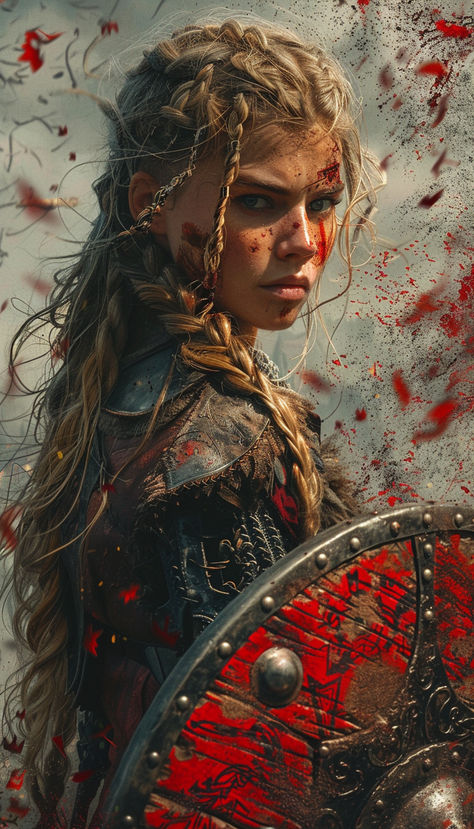 Viking Warrior Shield Maiden in Battle Warrior Female Art, Warrior Aesthetic, Female Viking, Barbarian Woman, Women Warrior, Viking Warrior Woman, Arte Viking, Tattoo Portrait, Viking Character