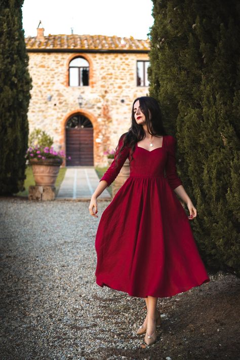 Ideas For Birthday Dress For Women, Puff Sleeve Red Dress, Red Dress Ideas Casual, Red Full Sleeve Dress, Red Outfits For Birthday, Birthday Fashion Outfits Dresses, Long Birthday Dresses For Women, Christmas Wear Outfit Ideas For Women, Red Frock Design For Women