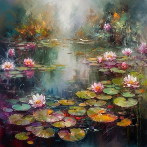 Pond Canvas Painting, Canvas Painting Of Flowers, Painting Of Flowers, Pond Painting, Lotus Flower Art, Leaves And Branches, Lily Painting, Monet Art, Lotus Art