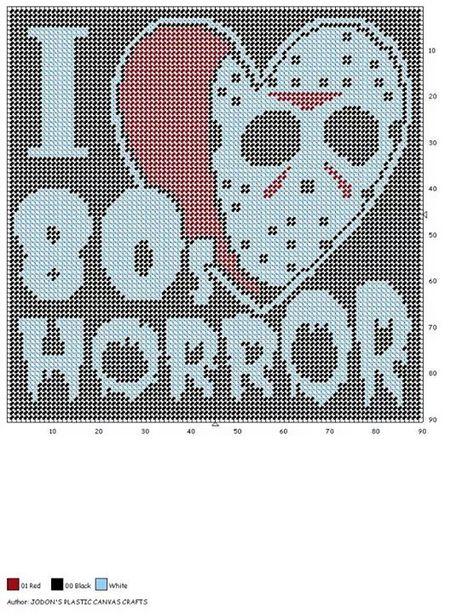 I LOVE 80s HORROR by JODON'S PLASTIC CANVAS CRAFTS -- WALL HANGING Freddy Krueger Cross Stitch, Cross Stitches Patterns, Plastic Canvas Horror, Horror Perler, Horror Pixel Art, Horror Cross Stitch, Halloween Cross Stitch Patterns, 80s Horror, The Boogeyman