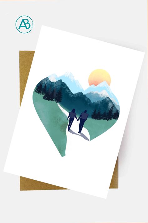 Heart Mountain, Mountain Card, Anniversary Cards For Him, Card Anniversary, Heart Illustration, Art Carte, Wedding Greeting Cards, To The Mountains, Mountain Print