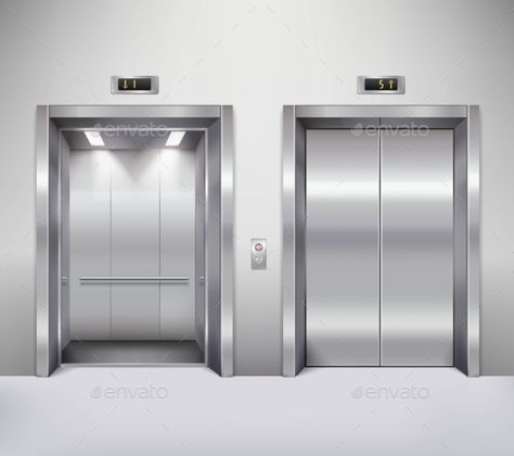 Open and closed chrome metal office building elevator doors realistic vector illustration. Editable EPS and Render in JPG format Simply Background, Chihiro Cosplay, Door Illustration, Elevator Interior, Elevator Design, Episode Interactive Backgrounds, Episode Backgrounds, Elevator Door, Chrome Metal