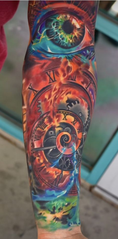 Colour Sleeve Tattoo, Colour Tattoo Men, Pocket Watch Tattoo Design, Watch Tattoo Design, Rose Tattoo Meaning, Pocket Watch Tattoos, Colour Tattoo, Watch Tattoo, Chicano Style