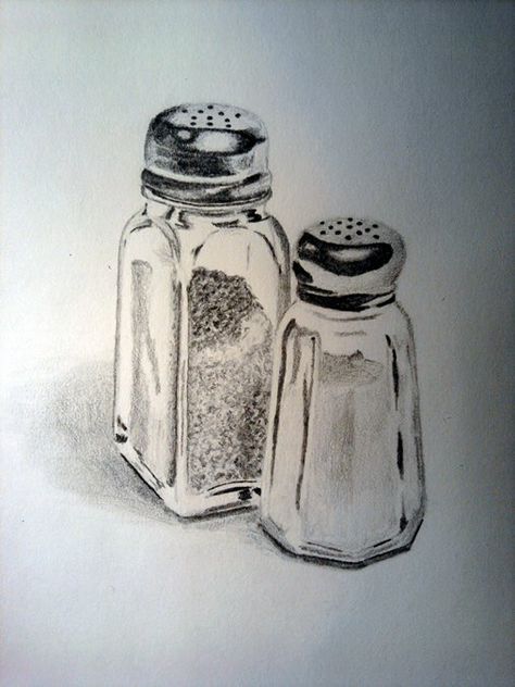 Salt and Pepper Salt And Pepper Shakers Drawing, Salt And Pepper Drawing, Salt Shaker Drawing, Salt And Pepper Tattoo, Salt Drawing, Salt Tattoo, Class Sketch, Igcse Art, Perspective Sketch