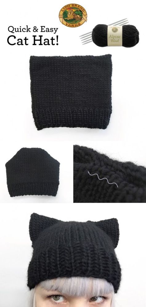 Quick & Easy Cat Hat Knit Decor, Crochet Cat Hat, Easy Knitting Projects, Knitted Cat, Hat Knitting, Beginners Knitting, Crochet Diy, Cat Hat, Diy Crochet Projects