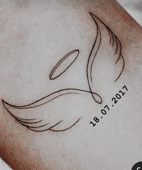 Date Tattoo Ideas With Angel Wings, Angel Wings With Dates Tattoo, Angel And Date Tattoo, Angel With Date Tattoo, Lost Daughter Tattoo, Angel Date Tattoo, Angel Wing With Date Tattoo, Angel Wings Date Tattoo, Date With Wings Tattoo