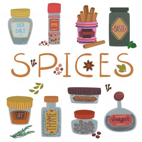 Basil Curry, Cinnamon Basil, Herbs Illustration, Kitchen Stickers, Spice Labels, Beautiful Logos Design, Pepper Salt, Spice Box, Photoshop For Photographers