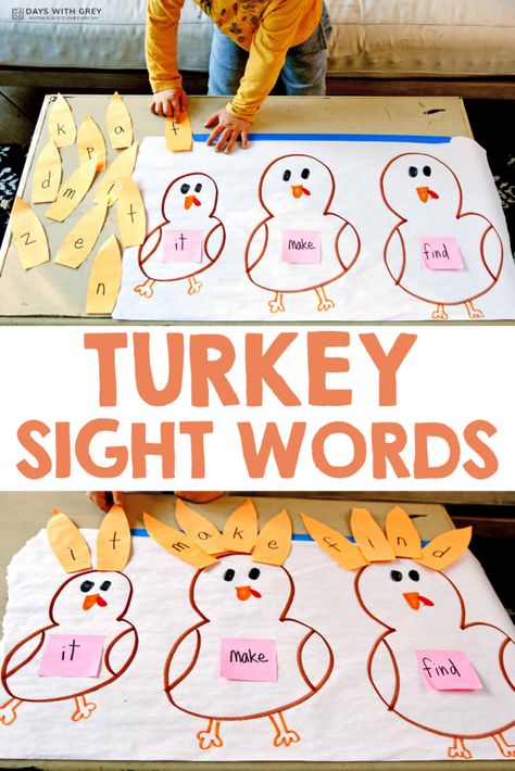 Kindergarteners practice spelling and sight words with paper turkeys November Sight Word Activities, Turkey Sight Words, November Kindergarten Activities, Kindy Classroom, Sight Word Practice Kindergarten, Paper Turkeys, Turkey Kindergarten, Thanksgiving Learning Activities, Thanksgiving Language Arts