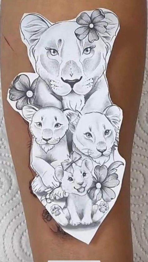 Lion Tattoo For Women With Cubs, Tattoos For Women Lioness, Mother Lion And Three Cubs Tattoo, Back Shots Tattoo, Lion Cubs Tattoo For Women, Lion And 3 Cubs Tattoo For Women, Mama And Cubs Tattoo, Mama And Her Cubs Tattoo, Mom Forearm Tattoo Ideas