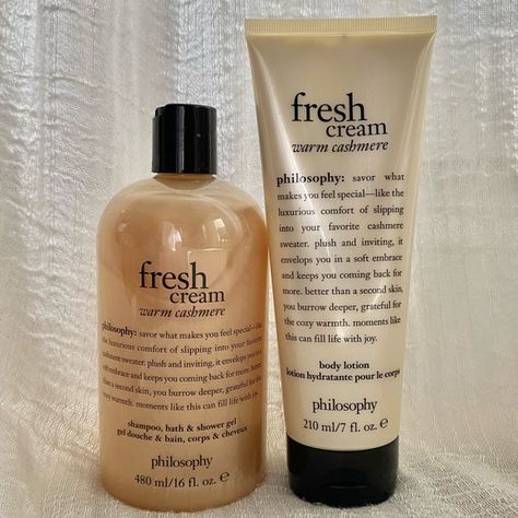 Fresh Cream Warm Cashmere philosophy body lotion and shower gel duo Philosophy Fresh Cream Lotion, Fresh Cream Lotion, Philosophy Body Cream, Philosophy Vanilla Lotion, Fresh Cream Body Wash, Philosophy Lotion Aesthetic, Philosophy Body Care, Warm Cashmere Philosophy, Philosophy Brand Aesthetic