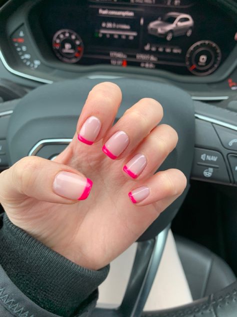 neon pink french manicure Gel Nails French Tip Pink, French Manicure With Hot Pink Tips, Short Colored Tip Nails, Dip Powder Nails French Tip Color Pink, Pink Tip Manicure, Hot Pink French Tip Short Nails, Pink With Red Tip Nails, Pink French Tip Nails Squoval, Dip Nail French Tip