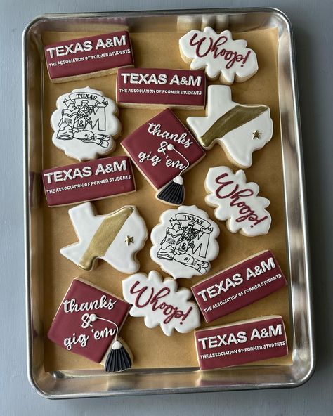 Gig’em Ags!!! Congratulations to all the amazing Texas A&M graduates! #texasaggies #texasaandmuniversity #aggiecookies… | Instagram post from Polka Dot Gal Bakery , LLC (@polkadot_gal_bakery) Texas A&m Graduation Cookies, Texas A&m Party, A&m Graduation Party, Texas A M Graduation Parties, Tailgate Tea, Aggie Graduation Party, Ring Dunk, Texas Aggies, Grad Ideas