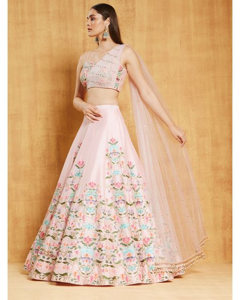 Pastel Pink and Floral Embroidered Lehenga | Chamee and Palak New Trending Lehenga Design, Baby Pink Lehenga Combination, Jewellery With Lehnga, Pastel Color Lehenga, New Trend Lehenga Designs, Pastel Pink Lehenga, Pastel Lehenga, New Lehenga, Pastel Bridesmaid Dresses