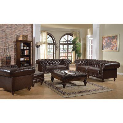 Darby Home Co Destan Configurable Living Room Set Tufted Sofa Living Room Ideas, Tufted Sofa Living Room, Brown Sofa Set, Nailhead Trim Sofa, Dark Brown Leather Sofa, Sofa Kulit, Brown Leather Furniture, Meja Sofa, Leather Sofa And Loveseat