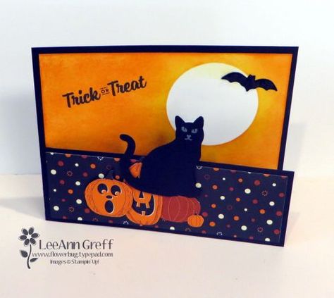 Spooky Cat & Moon Silhouette Door fold Spooky Cat Stampin Up Cards, Stampin Up Spooky Cat Halloween Cards, Stampin Up Cat Punch Halloween Cards, Stampinup Halloween Cards, Halloween Cards Stampin Up Ideas, Halloween Card Diy, Halloween Cards Handmade Ideas, Cat Cards Handmade, Halloween Cards Diy