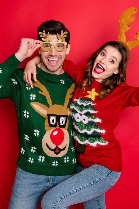 Ugly Sweater Photoshoot, Ugly Sweater Ideas, Couples Christmas Sweaters, Ugly Sweater Day, Ugly Sweater Contest, Trendy Christmas Outfits, Sweater Ideas, Nyc Christmas, Couples Sweaters