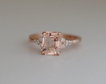 Faerie Jewelry, Morganite Rings, Peach Sapphire Rings, Moonstone Engagement Ring Set, Peach Sapphire Engagement Ring, Pink Morganite Engagement Ring, Vintage Wedding Jewelry, Ring Emerald Cut, Ring Rosegold