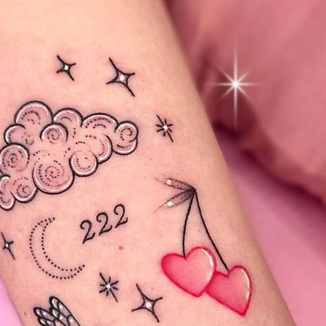 Sticker Patchwork Tattoo, Cute Patch Tattoo, Girly Patch Work Tattoo, Cutest Tattoos For Women, I Am Safe Tattoo, Dainty Patch Work Tattoos, Pink Cloud Tattoo, Patch Tattoo Ideas Women, Girly Patchwork Tattoo