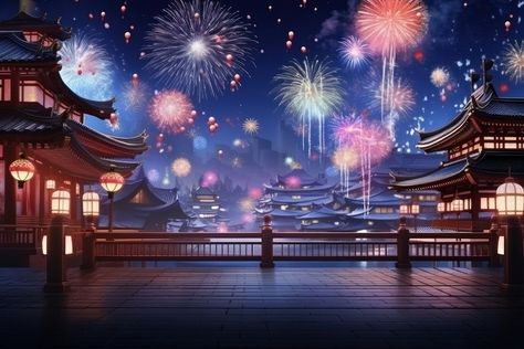 Fireworks festival night architecture illuminated. AI generated Image by rawpixel. | premium image by rawpixel.com Pre College, Night Architecture, Fireworks Images, Chinese Light, Street Background, China Street, Fireworks Background, Japan Summer, Fireworks Festival