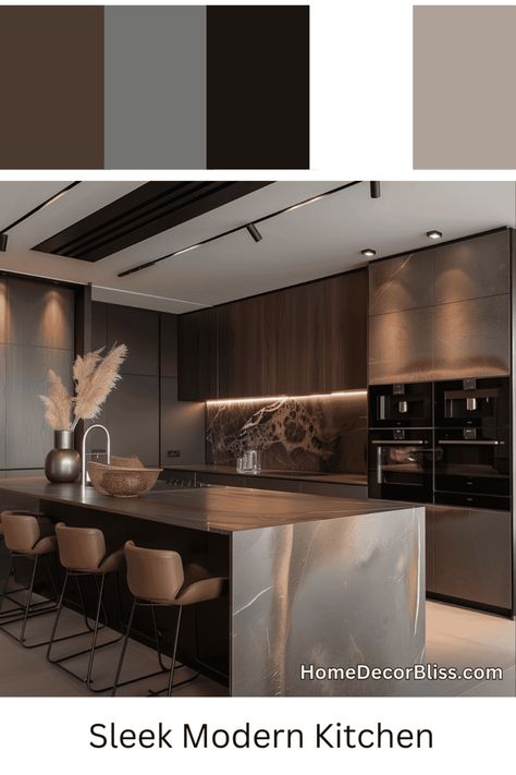 Modern Kitchen: Sleek Design with Dark Wood Cabinets and Metallic Accents Dark Brown Leather Sofa, Dark Brown Kitchen, Nordic Style Bedroom, Painted Interior Doors, Brown Kitchen Cabinets, Dark Wood Cabinets, Brown Kitchen, Red Brick House, Brown Kitchens