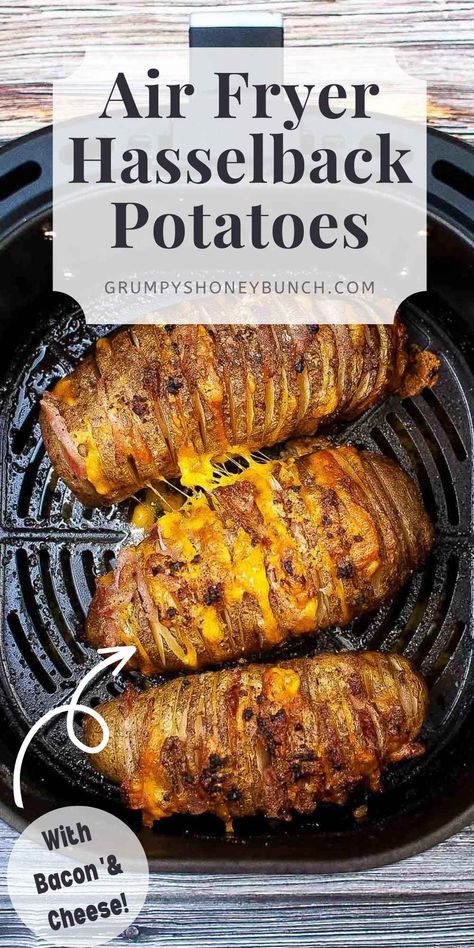 Air Fryer Hasselback Potatoes, Bacon Cheese Potatoes, Air Fryer Recipes Dessert, Bacon Potato, Hasselback Potatoes, Potato Recipes Side Dishes, Air Fryer Recipes Chicken, Air Fryer Recipes Easy, Air Fryer Recipes Healthy