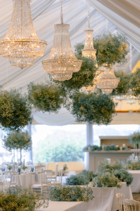 Chandeliers, hanging florals, drapery Wedding Drapery With Lights, Arch Chandelier Wedding, Wedding Decor Hanging From Ceiling, Wedding Tent Drapery, Chandelier With Greenery Wedding, Hanging Florals Wedding Reception, Wedding Tent Ceiling Decor, Wedding Reception Ceiling Decor, Wedding Draping Ceiling