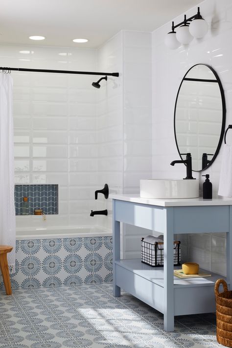 From vibrant cobalt to dreamy sky, blue is a versatile hue that is having a much-deserved moment in interior design. Tile For Small Bathroom, Laura Ashley Tiles, Sunflower Fabric, Blue Bathroom Tile, Ashley White, Matte Tile, Attic Bathroom, Outdoors Inside, Bathroom Redesign