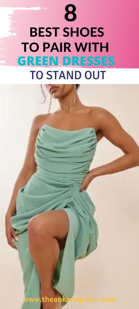 A cropped image of a white model wearing a strapless midi dress with a front thigh slit. The dress features lots of ruching all over. She wears clear heels on her feet with one leg up. Heels With Green Dress, Green Dress Outfits, Apple Green Dress, Outfits For Black Women, Green Dress Outfit, Light Green Dress, Sage Green Dress, Mint Green Dress, Emerald Green Dresses