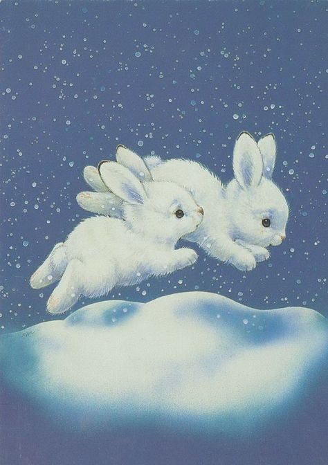 Unknown artist Illustration Friends, Drawing Bunny, Art Mignon, Vintage Christmas Card, White Rabbits, Robin Bird, Rabbit Art, Bunny Art, Little Angel