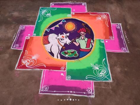 Cow farmer rangoli kolam Cow Rangoli, Maatu Pongal, Bracelet Making Tutorial, Pongal Rangoli, Easy Rangoli Designs Diwali, Rangoli Kolam Designs, Rangoli Designs Diwali, Rangoli Kolam, Beautiful Rangoli