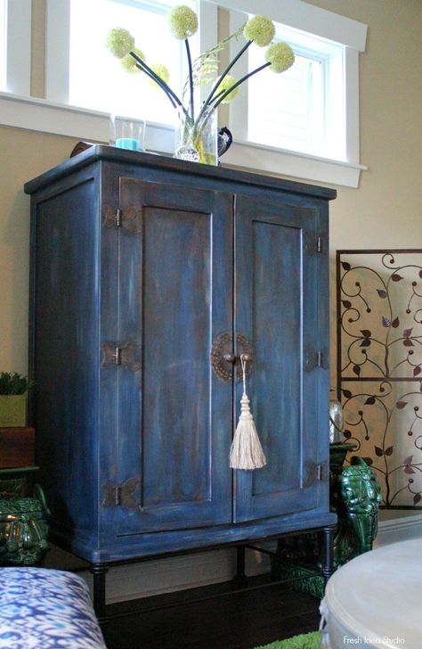 Midnight-Blue-painting-project-Tips-to-create-an-old-world-rustic-effectfrom Fresh Idea Studio Storage Armoire, Distressed Furniture Diy, Farmhouse Hutch, Blue Cabinet, Blue Painted Furniture, Painting Old Furniture, Diy Furniture Redo, Blue Furniture, Dark Wax