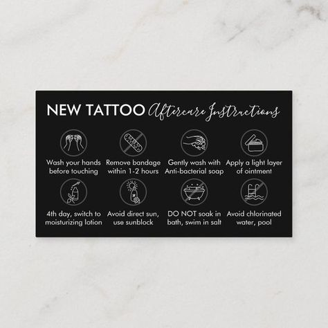 Black Body Art Aftercare Instructions Tattoo#tattoo #tattoocare #tattoosupplier Tattoo Aftercare Instructions Card, Tiny Tattoo Business, Tattoo Buissnes Card Ideas, Tattoo Aftercare Card, Opening A Tattoo Shop, Tattoo Shop Business Cards, Tattoo Giveaway Post, Tattoo Aftercare Kit, Tattoo Branding Design