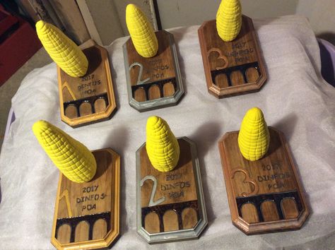 Cornhole trophies Corn Hole Trophy Diy, Diy Cornhole Trophy Ideas, Cornhole Trophy Diy, Cornhole Tournament Ideas, Homemade Trophies, Funny Trophies, Ffa Week, Diy Trophy, Party Games Group