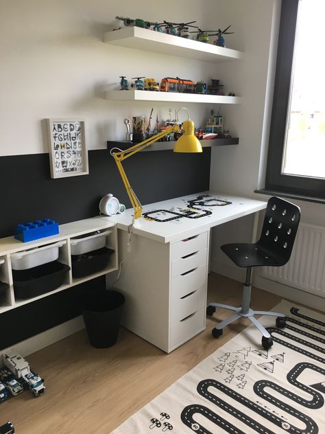 Big Boy Room With Desk, Boys Bedroom Lego Desk, Boys Desks In Bedroom, Desks For Boys Bedroom, Kids Desk Area In Bedroom Boys, Desk In Boys Room, Boy Desk Ideas, 6 Year Boy Room Ideas, Boys Bedroom With Desk