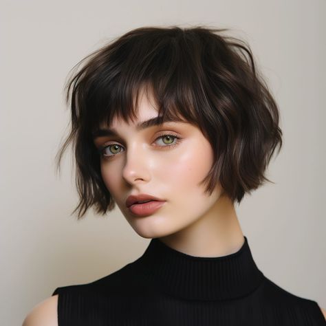 Curly Chin Length Hair With Bangs, Wash And Wear Haircuts For Thick Hair, Chin Length Shaggy Bob, Super Short Bob With Bangs, Chin Length Hair Styles, Pixie Bob Haircut With Bangs, Short Shaggy Bob With Bangs, Mum Haircut, Chin Length Hair With Bangs