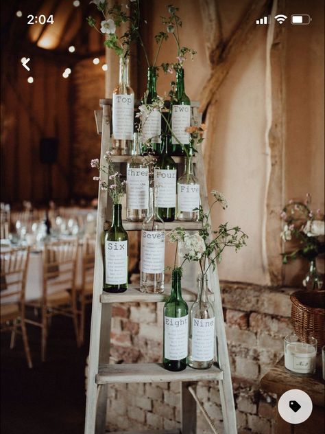 Wedding Table Plan Ideas, Table Plan Ideas, Wine Bottle Wedding, Thanksgiving Decorations Diy Table, Wedding Wine Bottles, Vintage Ladder, Thanksgiving Decorations Diy, Wedding Bottles, Diy Thanksgiving