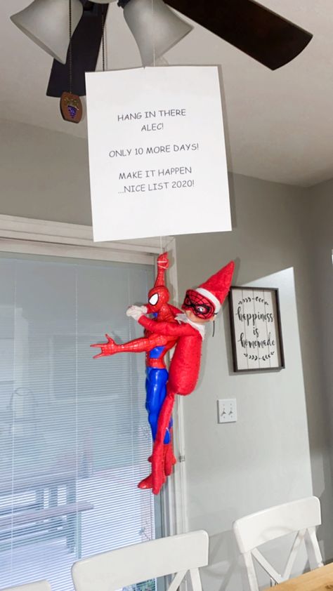 First Day Elf On The Shelf Ideas Note, Elf On The Shelf Grand Entrance Ideas, Spider Man Elf On Shelf, Elf On The Shelf Grand Entrance, Elf On The Shelf Entry Ideas, Elf On The Shelf Entrance Ideas, Elf On The Shelf Spiderman, Elf Entrance, Elf On The Shelf Note